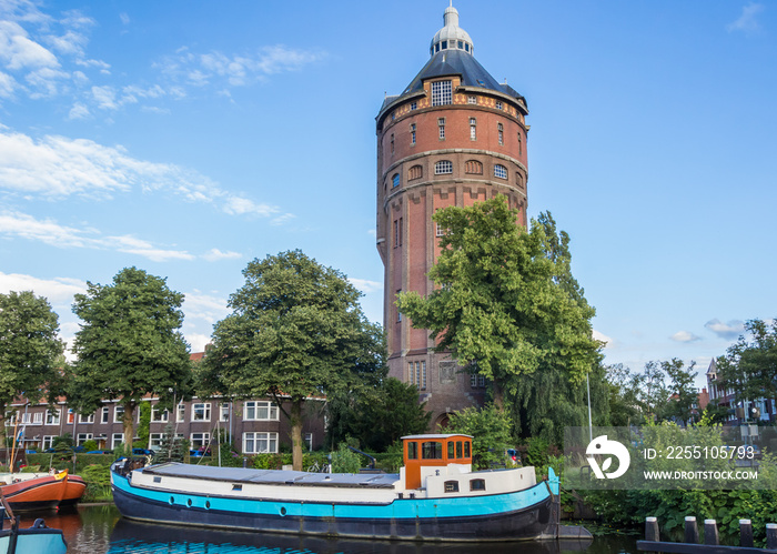 Old water tower at a canal in Groningen