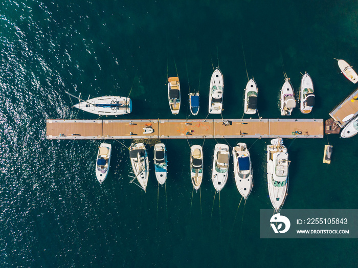 aerial view of yachts in city docks of montenegro