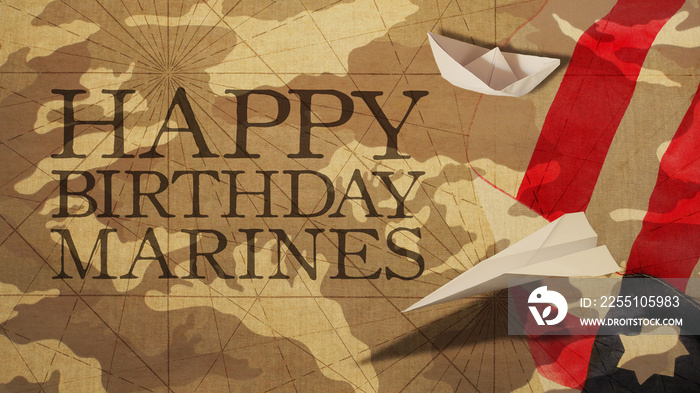 Happy Birthday Marines Flag Camo Background Paper Boat and Plane