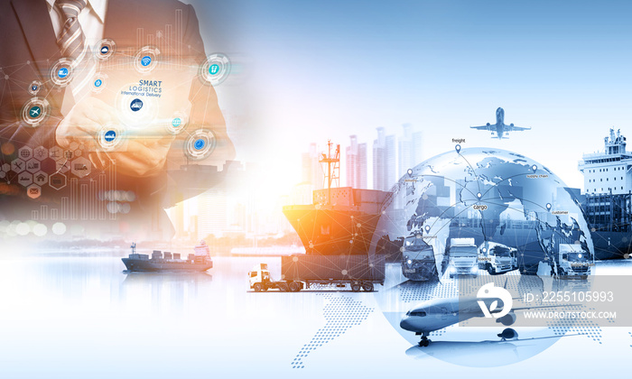 Smart Global Logistics international delivery concept, World map with logistic network distribution on background.background for Concept of fast or instant shipping, Online goods orders worldwide