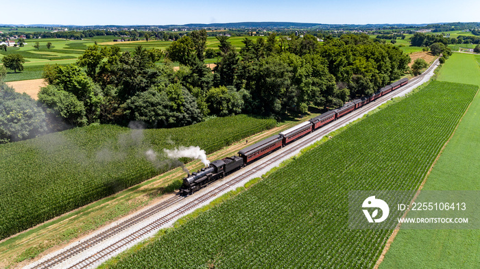 Steam Passenger Train Puffing Smoke in amish Countryside 30