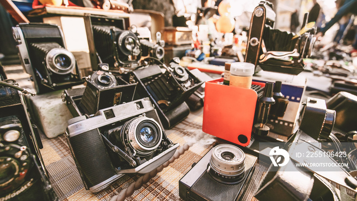 Tbilisi, Georgia. Shop Flea Market Of Antiques Old Retro Vintage Things On Dry Bridge In Tbilisi. Different Vintage Old Retro Cameras