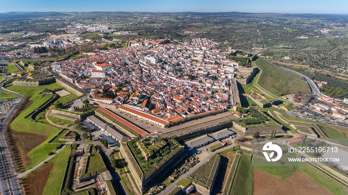 Aerial. Portuguese old town of Elvas on border with Spain was shot from sky.