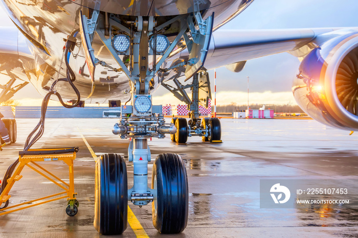 Front landing gear landing lights and connected ground power under the fuselage of the aircraft.