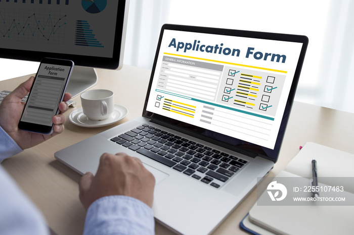 business man working on laptop computer use Online Web Job Application Form moniter
