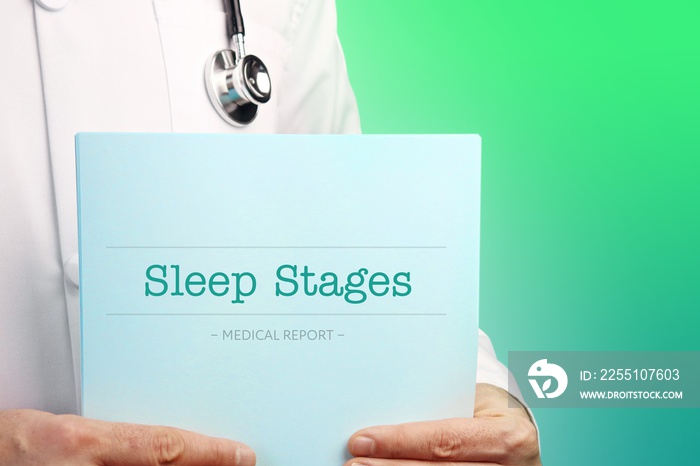 Sleep Stages. Doctor (male) with stethoscope holds medical report in his hands. Cutout. Green turquoise background. Text is on the documents. Healthcare/Medicine