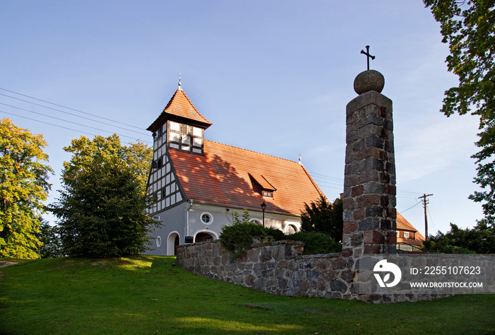 General view and close-up architectural details of the Catholic church of Saint Stanislaus the Bishop built in 1928 in Szczecinek in Masuria, Poland.