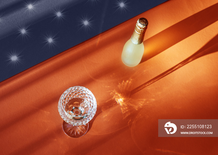 Independence Day (4th of July) celebration themed still life with a glass of champagne