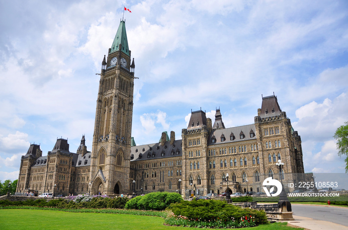 Peace Tower (officially: the Tower of Victory and Peace) of Parliament Buildings, Ottawa, Ontario, Canada.