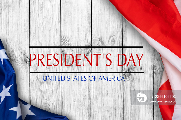 Happy Presidents’ Day Typography Over Distressed White Wood Background with American Flag Border old wood background design