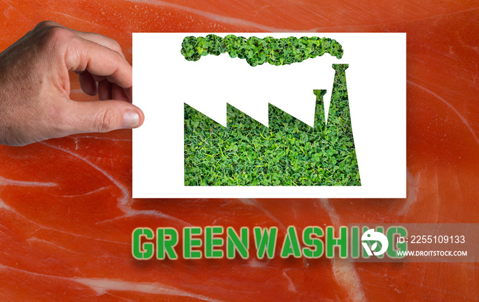 Green washing: A man`s hand holds a white sheet of paper with the outline of a factory cut out with green grass inside. Background with ham meat.