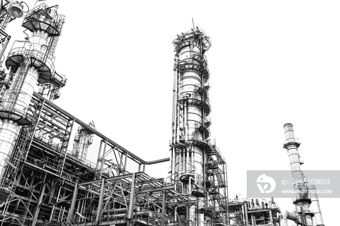 Close-up industrial oil and gas refinery zone,Detail of equipment oil pipeline steel with valves on-off reduce the pressure in the production at refining factory. Silhouettes on white background.