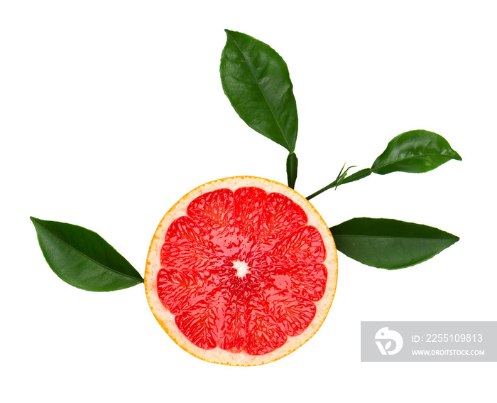 Grapefruit piece isolated on white background. Fresh fruit. With clipping path. Fresh grapefruit with green leaves isolated.