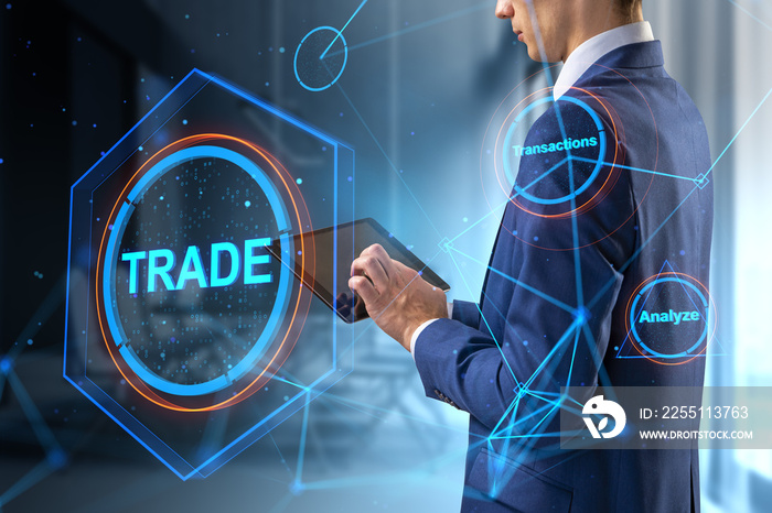 businessman hands using digital pad with creative polygonal trade hologram on blurry office interior background. Technology, financial data and fintech concept. Double exposure.