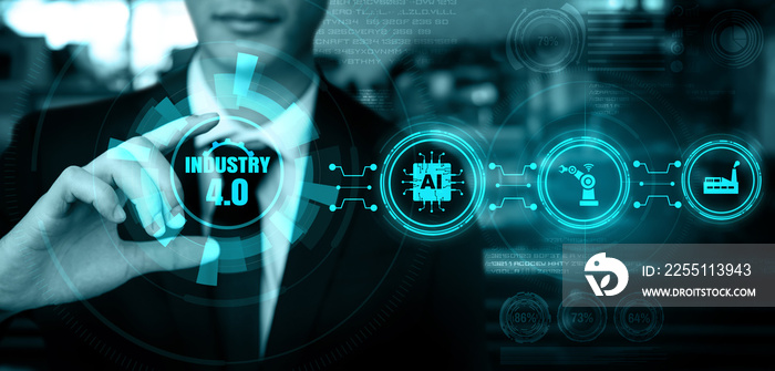 Engineering technology and industry 4.0 smart factory concept with icon graphic showing automation system by using robots and automated machinery controlled via internet network .