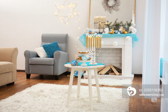 Interior of beautiful living room decorated for Hanukkah