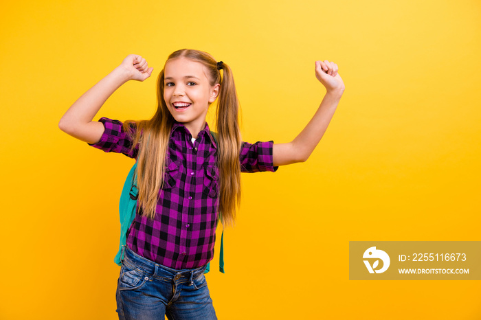 Photo of little lady pupil arms raised up glad summer came wear specs checkered shirt jeans denim isolated yellow background