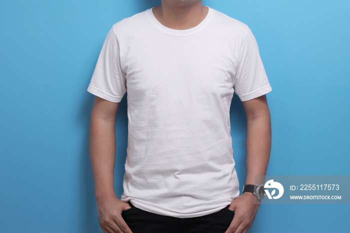 White shirt template, male model wearing white shirt against blue background