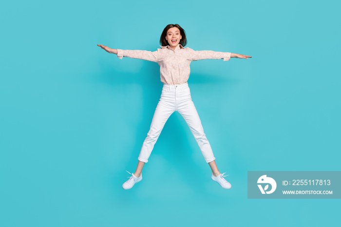 Full length photo of overjoyed relaxed satisfied businesswoman break pause after hard working days star figure isolated on blue color background