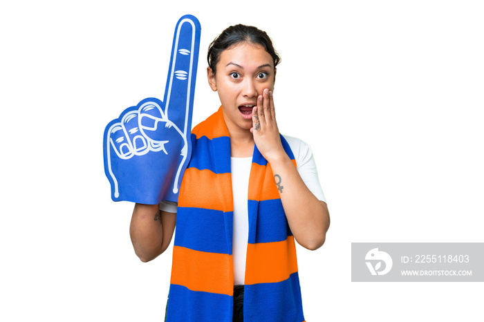 sports fan woman over isolated chroma key background with surprise and shocked facial expression