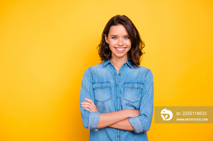 Portrait of cheerful positive nice freelancer feel glad optimistic about her college university work wear modern outfit isolated over bright color background