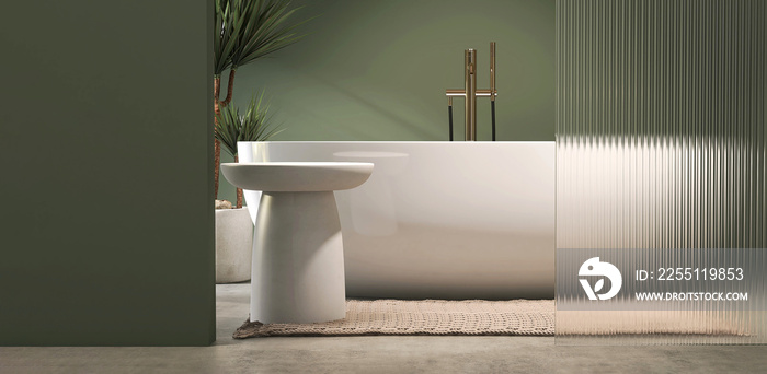 White round side table podium, bathtub, tropical tree, reeded glass partition in modern and luxury bathroom with sunlight and leaf shadow on green wall and cement floor for product display background