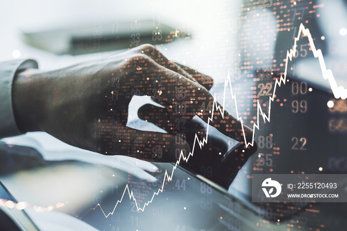 Double exposure of abstract creative financial chart with world map and with finger clicks on a digital tablet on background, research and strategy concept