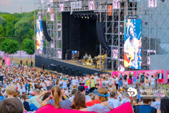 Women are watching concert at open air music festival