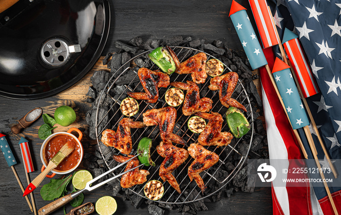 grilled chicken wings and vegetables for American Independence Day July 4