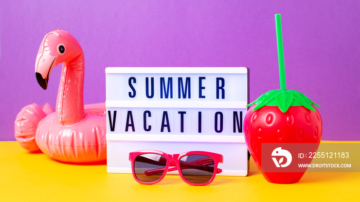 Retro vibe or 80s, nostalgic style still life with colorful summer accessories