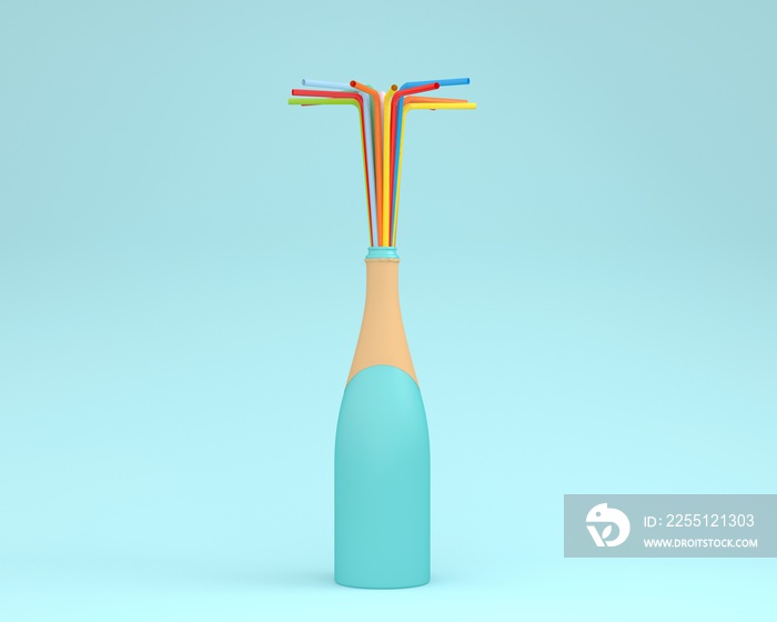 Champagne bottle with colorful straws on blue color pastel background. Party minimal concept. Idea creative foods and drinks that are typically enjoyed at festivals around the world