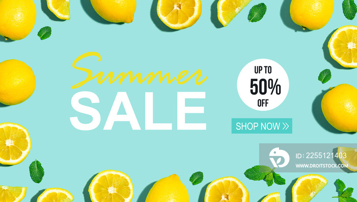 Summer sale with fresh lemon pattern on a bright color background flat lay