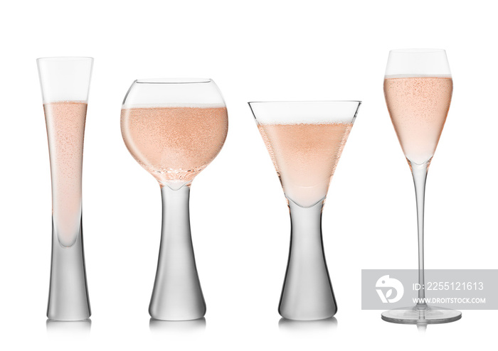 Set of various pink rose champagne and wine glasses on white background.Balloon shape,flute and prosecco glasses.