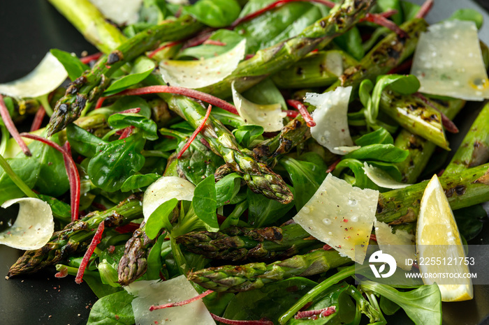 Grilled Asparagus salad with green vegetables and parmesan cheese