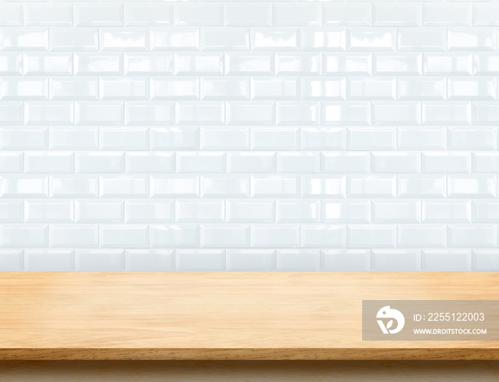 Empty beige wood table top with glossy ceramic white tile wall,M