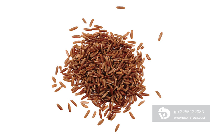 Pile of brown rice isolated on white background. Dry raw red rice top view.