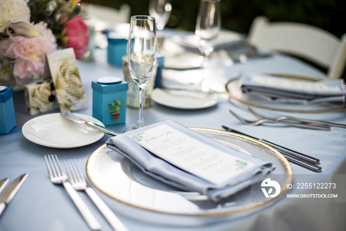 overhead view of beautiful wedding table decor set up