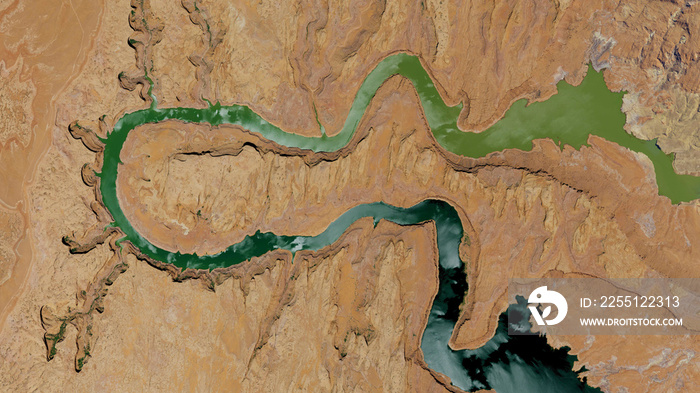 San Juan River meanders and Lake Powell looking down aerial view from above – Bird’s eye view San Juan River meanders, Utah, USA