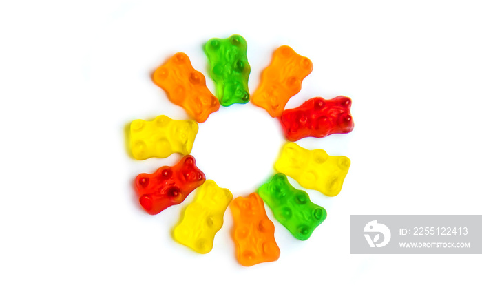 Jelly vitamins candy teddy bears isolate on a white background. Selective focus.