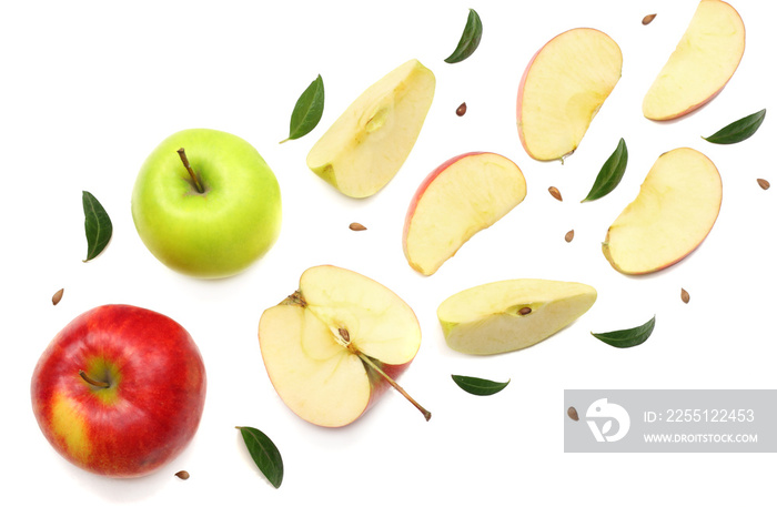 green and red apples with slices isolated on white background. top view