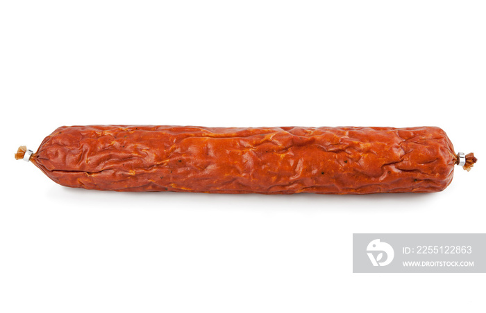 Long sausage ripened in a piece isolated on a white background