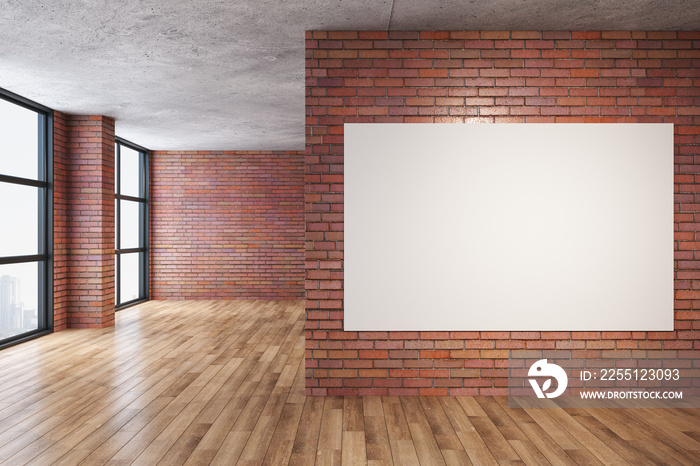 Modern red brick room with blank poster on wall.