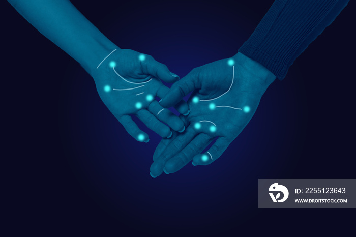 Hands close-up on a blue background with dots of identification. digital future technology abstract, cyber security concepts, hand palm diagram.