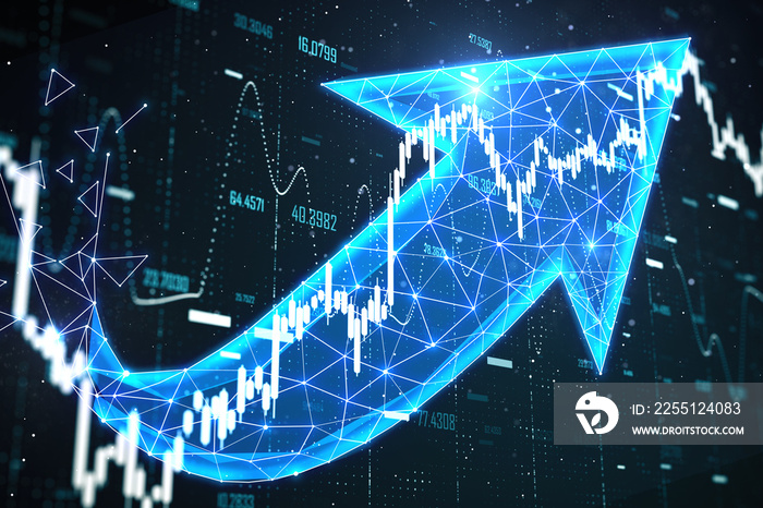 Virtual screen with stock chart and polygonal arrow hologram.