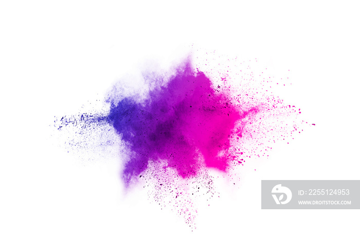 Freeze motion of purple color powder exploding on white background.