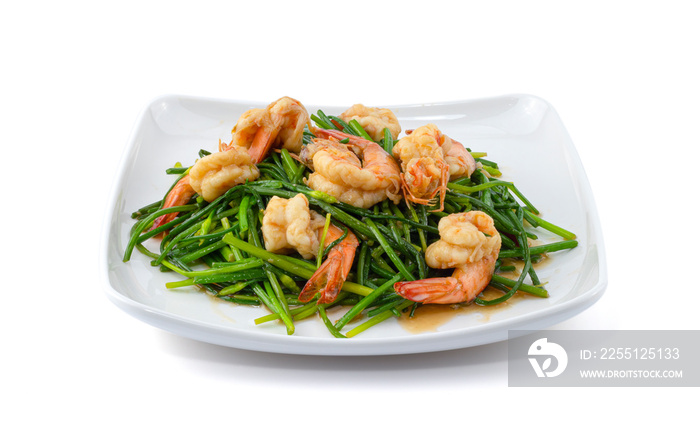 stir-fry flowering chinese chives with prawns in dish isolated on white background