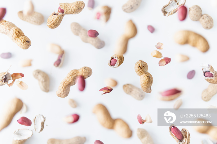 Shelled and in shell peanuts flying above white background, levitation effect