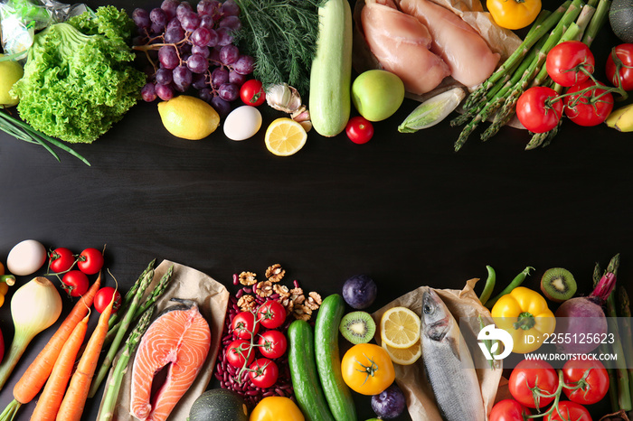 Various healthy products on dark background