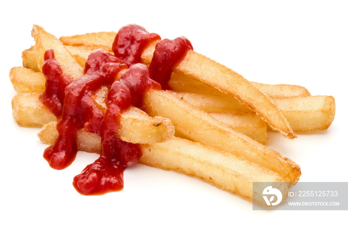 French Fried Potatoes with ketchup isolated on white background