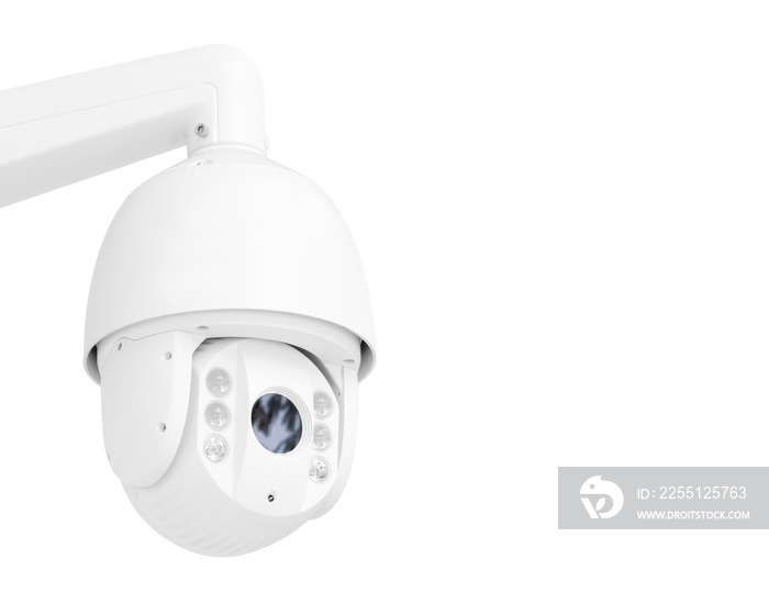 Modern public CCTV camera on wall isolated on white background. Intelligent recording cameras for monitoring all day and night. Concept of surveillance and monitoring with clipping path copy space.